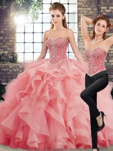 Watermelon Red Quince Ball Gowns Military Ball and Sweet 16 and Quinceanera with Beading and Ruffles Sweetheart Sleeveless Brush Train Lace Up