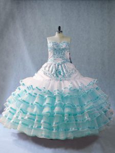 Beautiful Blue And White Ball Gowns Sweetheart Sleeveless Organza Floor Length Lace Up Embroidery and Ruffled Layers Sweet 16 Quinceanera Dress