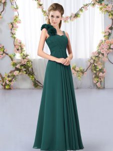 Peacock Green Sleeveless Hand Made Flower Floor Length Quinceanera Court of Honor Dress