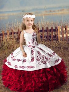 Wine Red Lace Up Little Girls Pageant Gowns Embroidery and Ruffles Sleeveless Floor Length