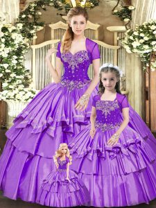 Spectacular Sleeveless Floor Length Beading and Ruffled Layers Lace Up Sweet 16 Quinceanera Dress with Lavender