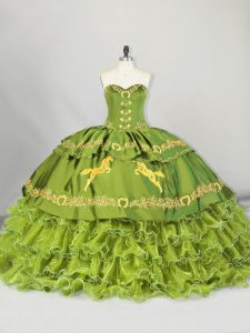 Enchanting Sleeveless Embroidery and Ruffled Layers Lace Up Sweet 16 Quinceanera Dress with Olive Green Brush Train