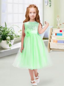 Tea Length Zipper Pageant Gowns For Girls for Wedding Party with Sequins and Hand Made Flower