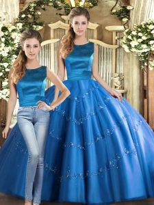 Floor Length Blue Sweet 16 Dresses Scoop Sleeveless Lace Up