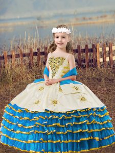 Baby Blue Sleeveless Floor Length Beading and Embroidery and Ruffled Layers Lace Up Little Girls Pageant Gowns