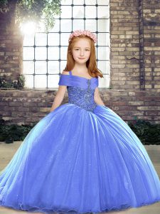 New Style Blue Tulle Lace Up Little Girls Pageant Dress Sleeveless Brush Train Beading