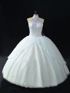 Sleeveless Tulle Floor Length Lace Up 15 Quinceanera Dress in Blue with Beading