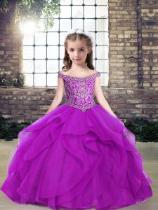 Fantastic Purple Tulle Lace Up Off The Shoulder Sleeveless Floor Length Little Girls Pageant Dress Beading and Ruffles