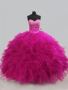 Admirable Fuchsia Sweet 16 Quinceanera Dress Sweet 16 and Quinceanera with Beading and Ruffles Sweetheart Sleeveless Lace Up