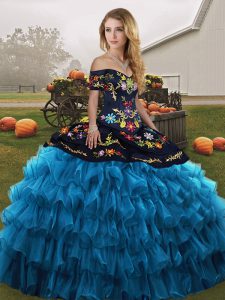 Low Price Blue And Black Lace Up Quinceanera Gown Embroidery and Ruffled Layers Sleeveless Floor Length