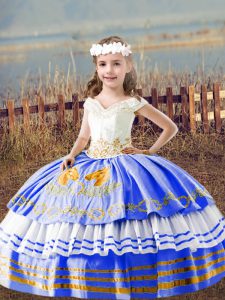 High Class Blue Sleeveless Embroidery Floor Length Pageant Dress Toddler