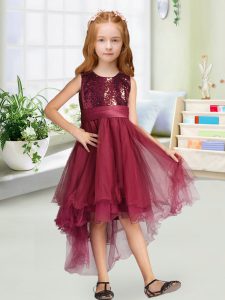 Burgundy Organza Zipper Scoop Sleeveless High Low Little Girls Pageant Dress Sequins and Bowknot