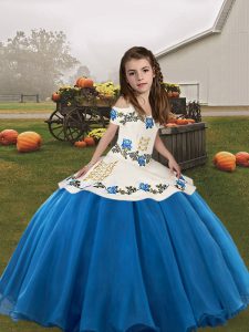 Blue Straps Lace Up Embroidery Girls Pageant Dresses Sleeveless