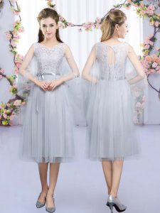 Tea Length Grey Dama Dress Tulle Sleeveless Lace and Belt