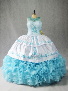 Custom Fit Sleeveless Fabric With Rolling Flowers Floor Length Lace Up Sweet 16 Quinceanera Dress in Baby Blue with Beading and Embroidery and Ruffles