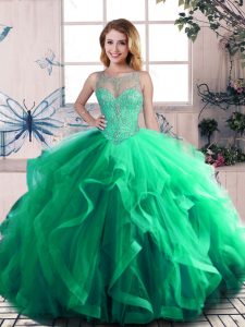 Pretty Floor Length Lace Up Quinceanera Gowns Green for Sweet 16 and Quinceanera with Beading and Ruffles