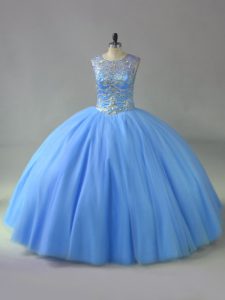 Blue Ball Gowns Beading Sweet 16 Quinceanera Dress Lace Up Tulle Sleeveless Floor Length