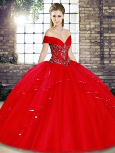 Wonderful Red Off The Shoulder Lace Up Beading and Ruffles Quince Ball Gowns Sleeveless