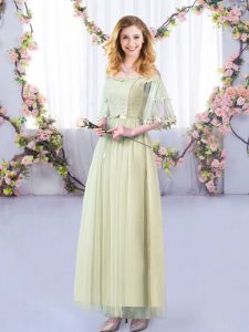 Lovely Floor Length Empire Half Sleeves Yellow Green Dama Dress Side Zipper