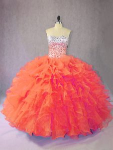 Orange Organza Lace Up Sweet 16 Quinceanera Dress Sleeveless Floor Length Beading and Ruffles