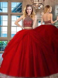 Red Halter Top Backless Beading 15 Quinceanera Dress Sleeveless