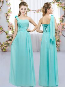 One Shoulder Sleeveless Lace Up Dama Dress Aqua Blue Chiffon