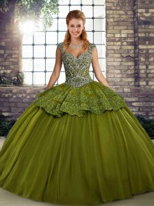 Beading and Appliques 15th Birthday Dress Olive Green Lace Up Sleeveless Floor Length