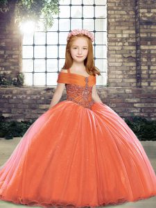 Perfect Orange Red Tulle Lace Up Straps Sleeveless Floor Length Little Girl Pageant Gowns Beading