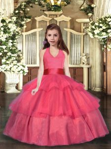 Coral Red Sleeveless Floor Length Ruffled Layers Lace Up Evening Gowns