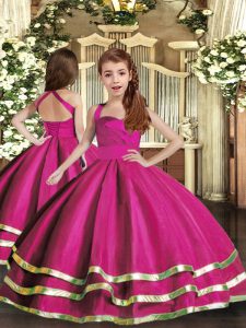 Fuchsia Sleeveless Ruffled Layers and Ruching Floor Length Girls Pageant Dresses