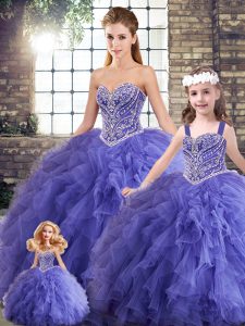 Customized Lavender Ball Gowns Beading and Ruffles Vestidos de Quinceanera Lace Up Tulle Sleeveless Floor Length