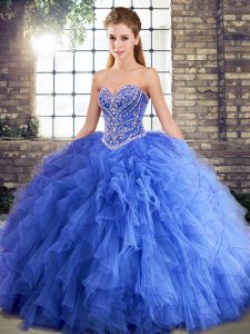 Sleeveless Floor Length Beading and Ruffles Lace Up 15th Birthday Dress with Blue