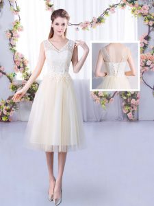 Empire Quinceanera Dama Dress Champagne V-neck Tulle Sleeveless Tea Length Lace Up