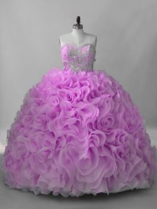 Extravagant Lilac Sweet 16 Dresses Fabric With Rolling Flowers Brush Train Sleeveless Beading