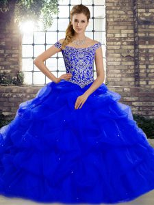 Amazing Sleeveless Brush Train Lace Up Beading and Pick Ups Quinceanera Gown