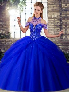 Beauteous Royal Blue Tulle Lace Up Halter Top Sleeveless Ball Gown Prom Dress Brush Train Beading and Pick Ups