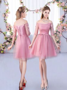 Charming Pink Tulle Lace Up Dama Dress Half Sleeves Mini Length Lace and Belt