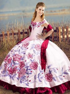 Fuchsia Ball Gowns Satin and Organza Off The Shoulder Sleeveless Embroidery Floor Length Lace Up Vestidos de Quinceanera