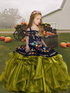 Latest Embroidery and Ruffles Pageant Dress for Girls Olive Green Lace Up Sleeveless Floor Length