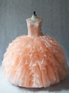 Custom Fit Peach Sleeveless Beading and Ruffles Floor Length Quinceanera Gowns