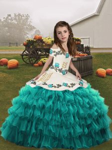 Teal Lace Up Little Girl Pageant Dress Embroidery and Ruffled Layers Sleeveless Floor Length