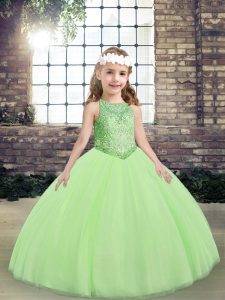 Beauteous Sleeveless Floor Length Beading Lace Up Little Girl Pageant Dress with Yellow Green