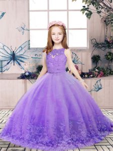 Floor Length Backless Little Girl Pageant Dress Lavender for Party and Wedding Party with Lace and Appliques