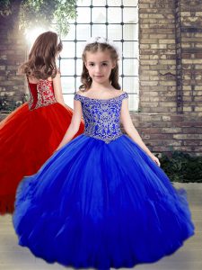 Trendy Royal Blue Side Zipper Child Pageant Dress Beading Sleeveless Floor Length