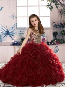 Custom Design Floor Length Wine Red Little Girls Pageant Dress Organza Sleeveless Beading and Ruffles