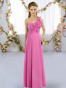 Flare Rose Pink Empire One Shoulder Sleeveless Chiffon Floor Length Lace Up Hand Made Flower Quinceanera Court of Honor Dress