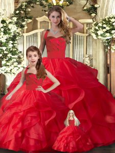 Classical Floor Length Ball Gowns Sleeveless Red Vestidos de Quinceanera Lace Up