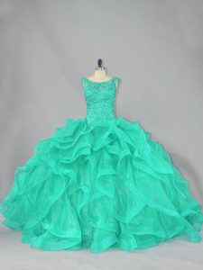 Discount Beading and Ruffles Ball Gown Prom Dress Turquoise Lace Up Sleeveless Floor Length
