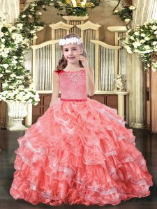 Charming Watermelon Red Ball Gowns Lace and Ruffled Layers Pageant Gowns For Girls Zipper Organza Sleeveless Floor Length