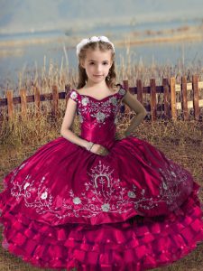 Fuchsia Satin and Organza Lace Up Little Girl Pageant Dress Sleeveless Floor Length Embroidery and Ruffled Layers